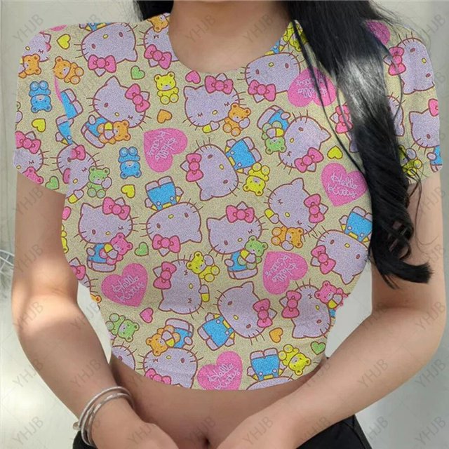 RWJDXD Chemises Décontractées d'Été pour Femmes Mode Urbaine Manches Courtes Crop Tops Imprimé Chat Hello Kitty Col Rond Ajusté T-Shirts