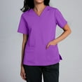 thumbnail image 2 of Womens Nurse Uniforms Summer Solid Color V-Neck Plus Size Workwear Shirt Short Sleeve Loose Fit T-Shirts with Pockets (Purple), 2 of 4