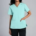 thumbnail image 2 of Print Scrub Tops Women Solid Color V Neck Plus Size Scrub Tops Short Sleeve Stretchy Workwear Shirt with Pockets (Light blue), 2 of 4
