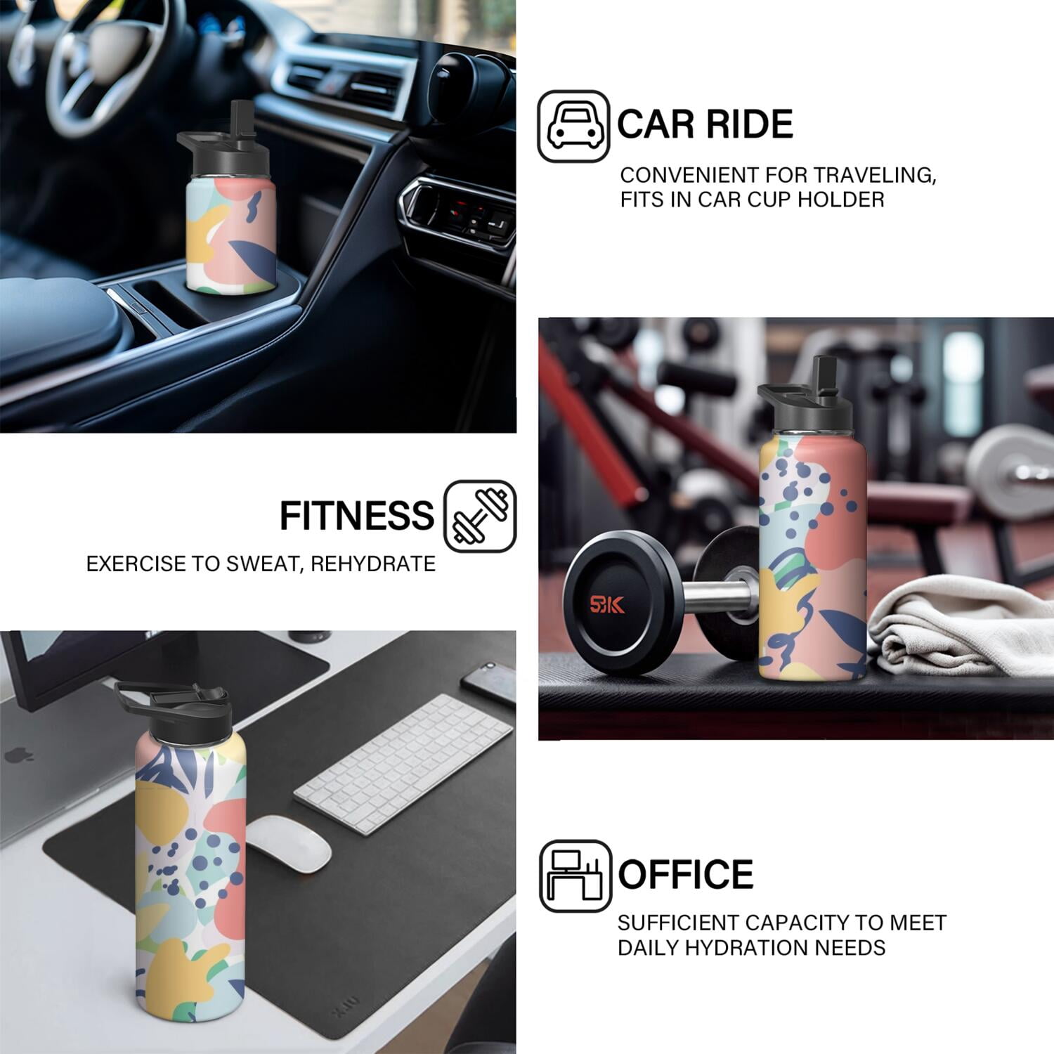 Modern 18 oz Insulated Stainless Steel Water Bottle with Straw & Cleaning Brush , Leakproof, BPA-Free, 304 Stainless Steel, Wide Mouth, Travel Mug for Car, Gym, Office