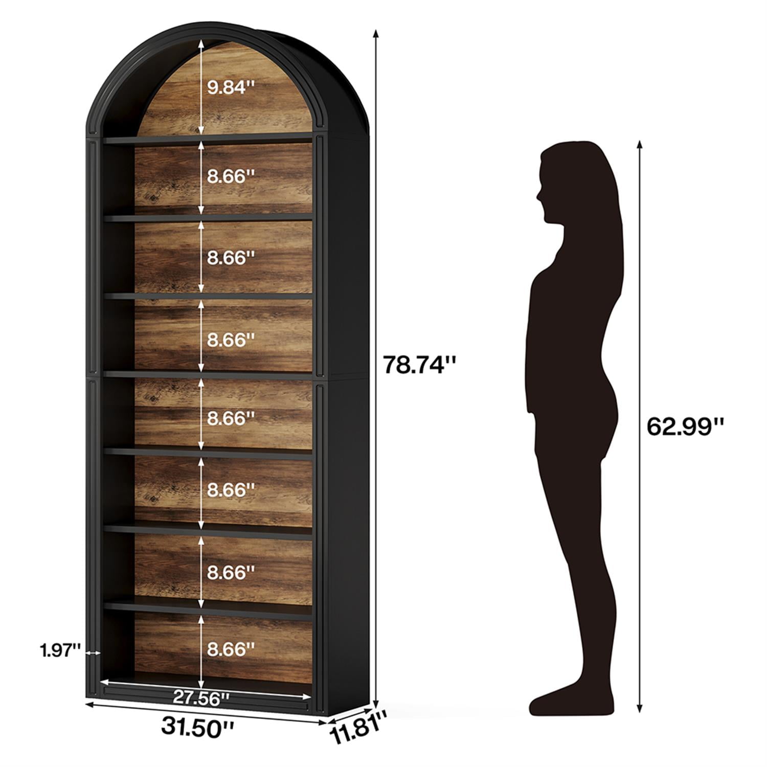 Demi Bonn 78.7" Bookshelf, 8-Tier Wooden Arched Bookcase Display Shelving Unit for Bedroom, Living Room, Black