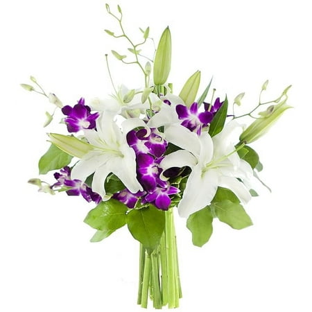KaBloom : 3 White Oriental Lilies 5 Purple Dendrobium Orchids 3 Greens without vase. KaBloom : 3 White Oriental Lilies 5 Purple Dendrobium Orchids 3 Greens without vase.