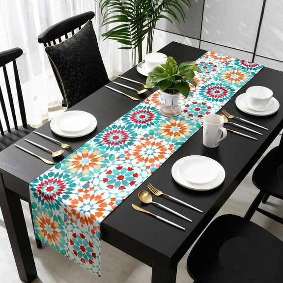 Colorful Boho Geometric Cotton Linen Table Runner 14 x 72 inch Bohemian Ethnic Abstract Art Non-slip Rectangular Dining Table Decor for Wedding Party Holiday Dinner