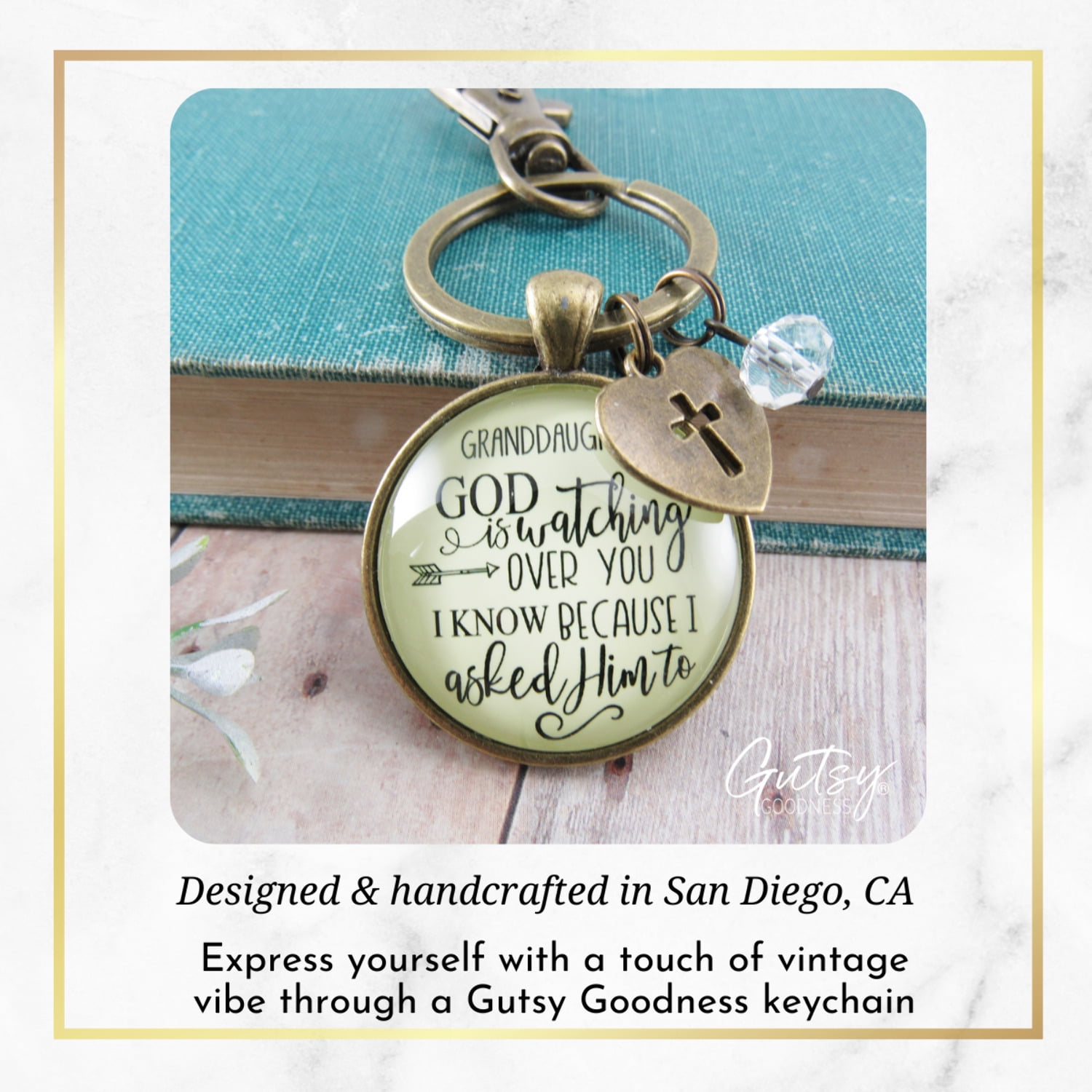 Granddaughter Keychain Gutsy Goodness Bronze Metal He Is Watching Over You Adult Female Jewelry Gift from Grandma Grandpa