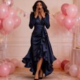 thumbnail image 3 of Quixlent Women's Satin V Neck Ruffle Long Sleeve Dress Tie Waist Split A-Line Wrap Dress Formal Cocktail Wedding Guest Dress, 3 of 7