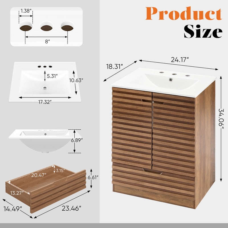 Gianna 24" Modern Bathroom Vanity with Ceramic Basin, Undermount Vanity Sink Cabinet with 2 Doors and 1 Drawer, Free Standing Bathroom Storage Cabinet with Sink Combo Set, Rustic