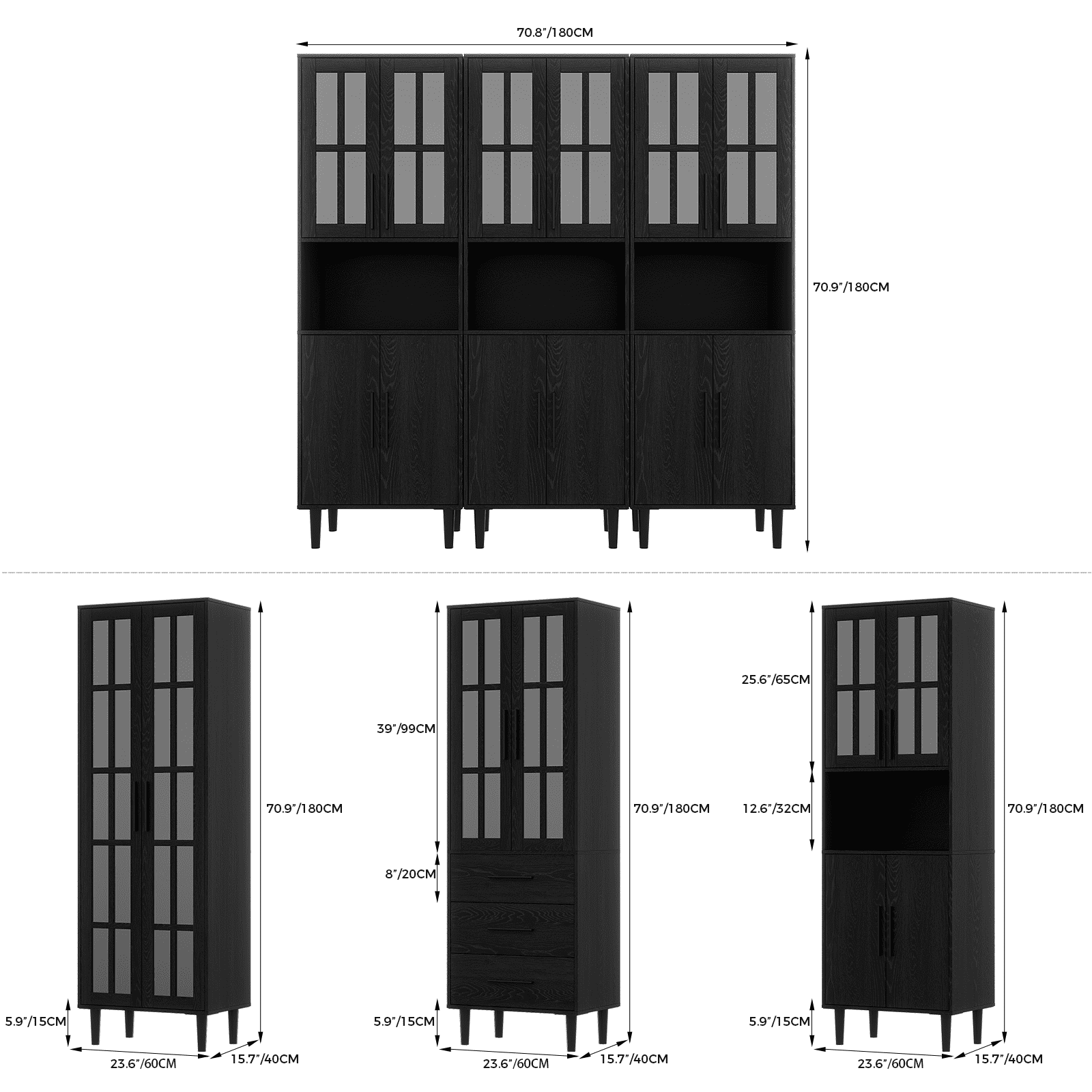 RichYa 3Pcs Bookcases with Doors,5-Tier Bookshelves with Storage Cabinet,Combination Display Cabinets for Home Office,Black(CCC)