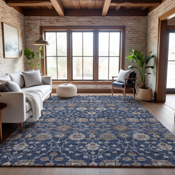 Addison Rugs Mayfield Premium Machine Washable Transitional Floral Navy Rectangle Rug, 8' x 10'