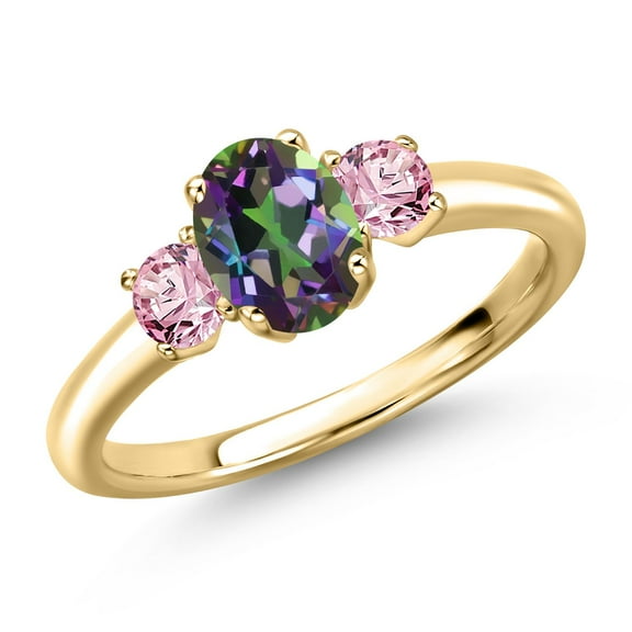 Gem Stone King 10K Yellow Gold Green Mystic Topaz and Pink Lab Grown Diamond Engagement Ring for Women | 1.36 Cttw | Oval 7X5MM | Gemstone November Birthstone | Size 8