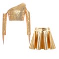thumbnail image 5 of TSSOE Kids Girls 2 Piece Sequin Jazz Dance Outfit Long Sleeve Metallic Fringed Crop Top and Mini Pleated Skirts Set Gold 12, 5 of 7
