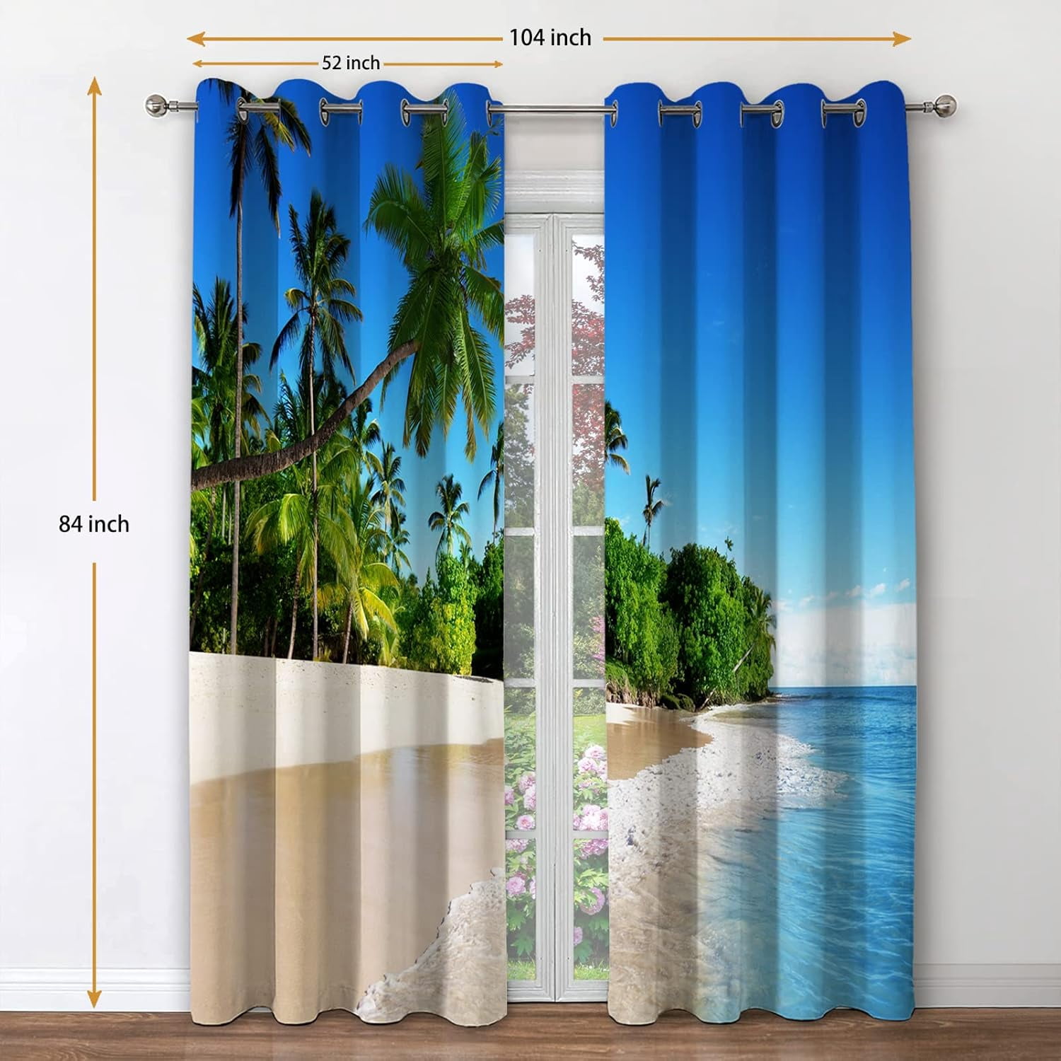 Ocean Beach Palm Tree Blackout Curtains Tropical Blue Ocean Sky Sunny Seaside Scene Beach Decor for Bedroom Living Room Grommet Window Drapes 2 Panel Set, 52"x84"