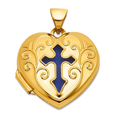 14k Solid Yellow Gold Polished Blue Fabric Open Religious Faith Cross 18mm Love Heart Locket Locket Necklace for Women