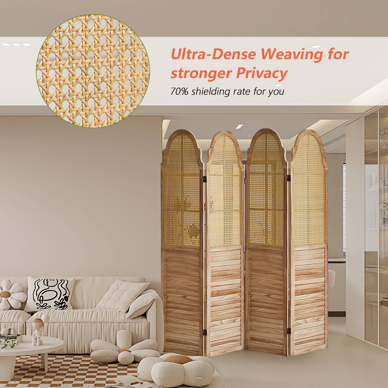 Aletheiawu 4 Panel Rattan Room Divider, Foldable Privacy Screen, No Installation, Light Brown