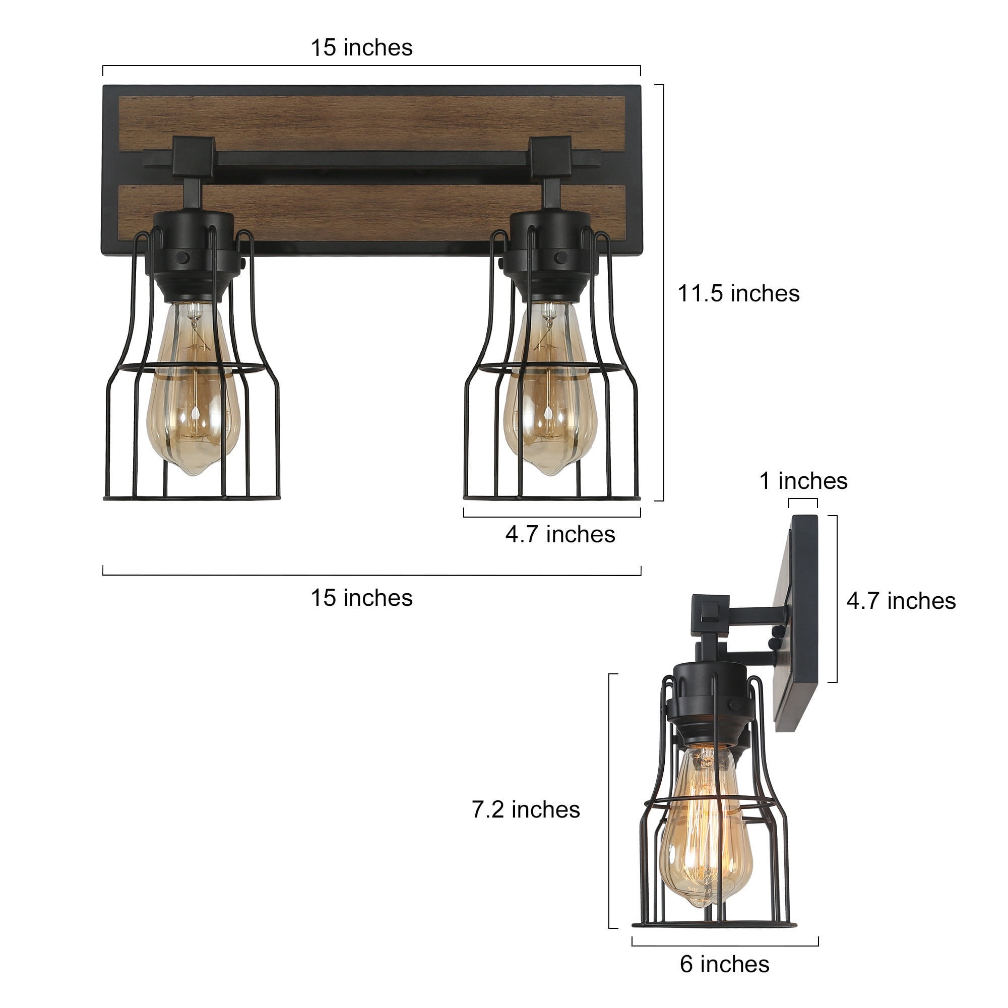 LNC 2-Light Black Geometric Modern Farmhouse Wood Tone Bathroom Vanity Lighting Fixutre