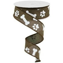 Paw Print & Dog Bone Wired Edge Ribbon, 10 Yards Brown, White, 1.5 Inch