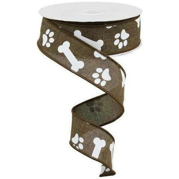 Paw Print & Dog Bone Wired Edge Ribbon, 10 Yards Brown, White, 1.5 Inch