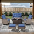 thumbnail image 2 of Opohoro 7 Pieces Outdoor Conversation Set with 43" Metal Fire Pit Table, Gray Rattan Loveseat Set with Swivel Rocker Chairs and Ottomans, Blue for Patio Backyard, 2 of 19