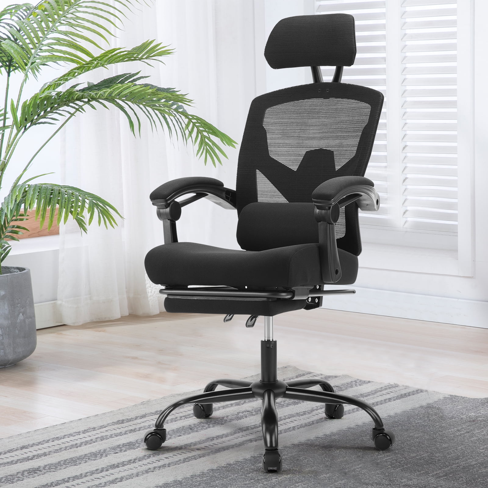JIOABL Ergonomic Office Chair - High Back Mesh, Reclining with Lumbar Support, Adjustable Headrest, Footrest & Padded Arms, Black