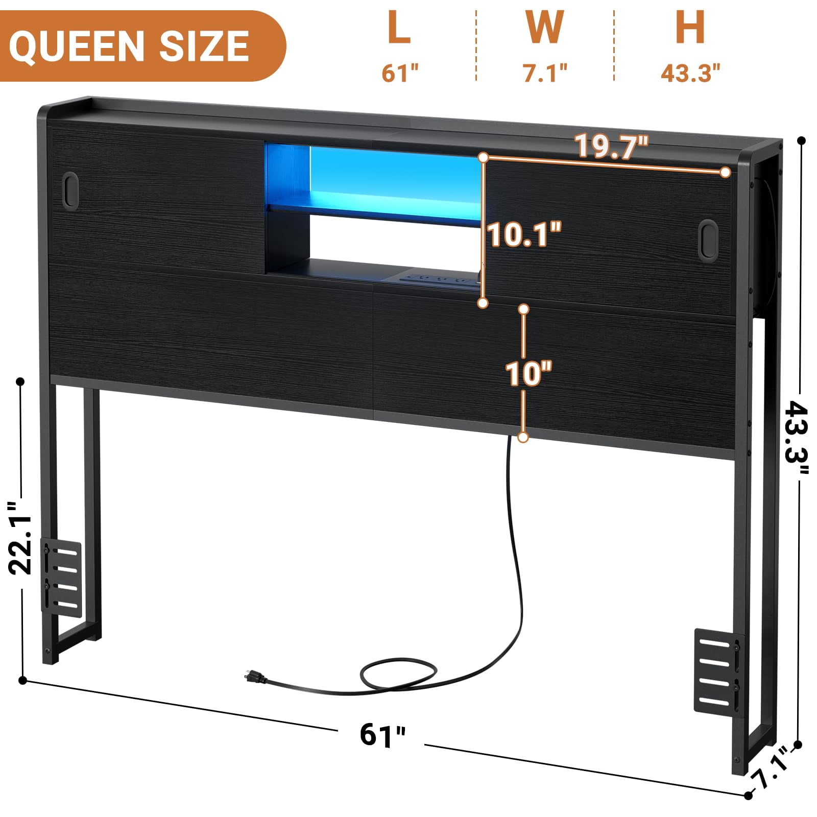 Homieasy Queen Size Storage Headboard with Charging Station, LED Light & Sliding Doors - Sturdy Bookcase Headboard with Bed Adapter for Bedroom, Black