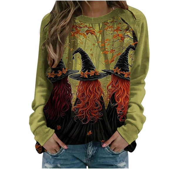 Womens Witch Halloween Sweatshirts Long Sleeve Funny Graphic Sweater Loose Pullover Crewneck T-Shirt Tops Orange, 4XL