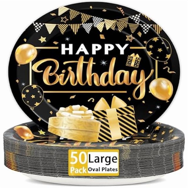 wonima02 50PCS Black and Gold Birthday Oval Paper Plates 11inch Large Black Party Decorations Platters, Happy Birthday Party Heavy Duty Dish Tray for Men Women Gathering BBQ Dinner Tableware Supplies