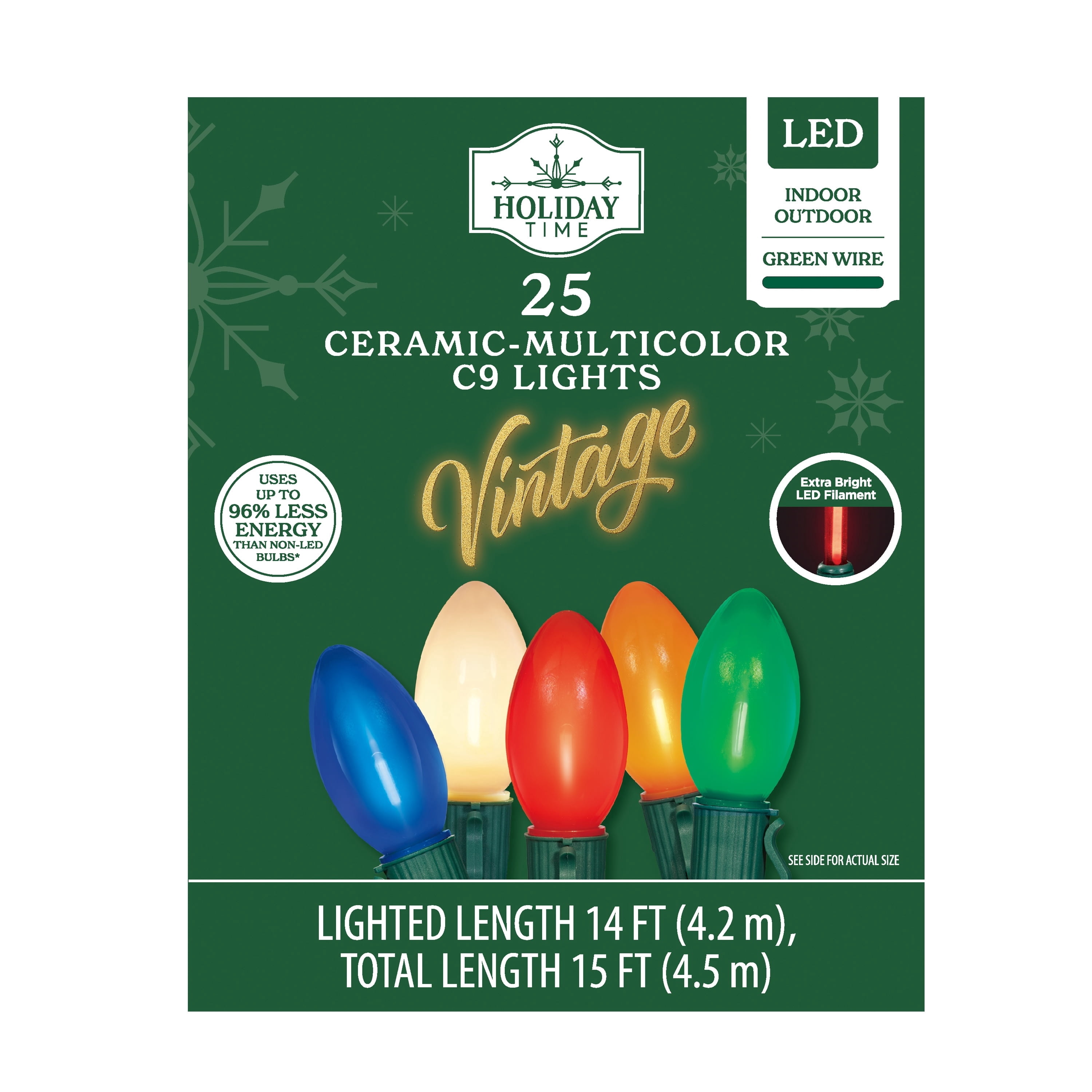 Indoor/Outdoor 25-Count LED Extra Bright Vintage-Style C9 Christmas String Lights, Ceramic Multicolor, Green Wire, 14', by Holiday Time