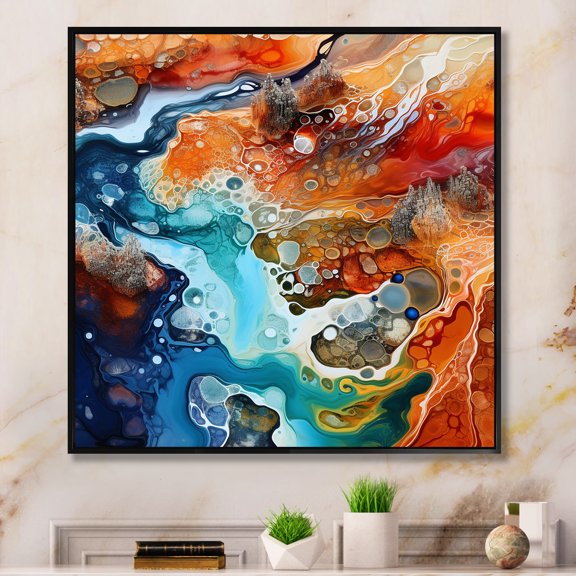 Designart "Liquid Art: Blue And Brown Geyser I" Abstract Shapes Floater Framed Wall Art Prints