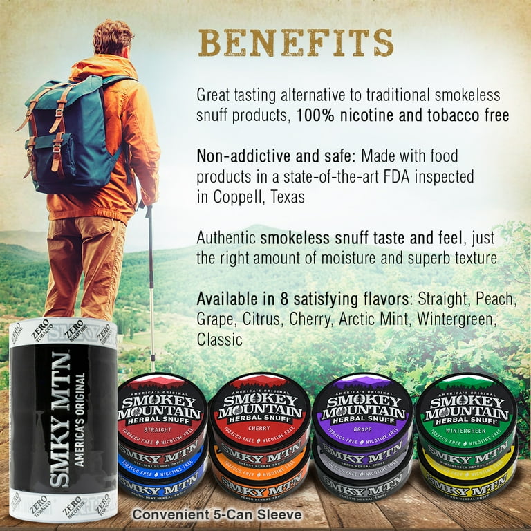 Smokey Mountain Wintergreen Snuff, 5 Cans, no Tobacco and no Smokey Mountain Wintergreen Snuff, 5 Cans, no Tobacco and no