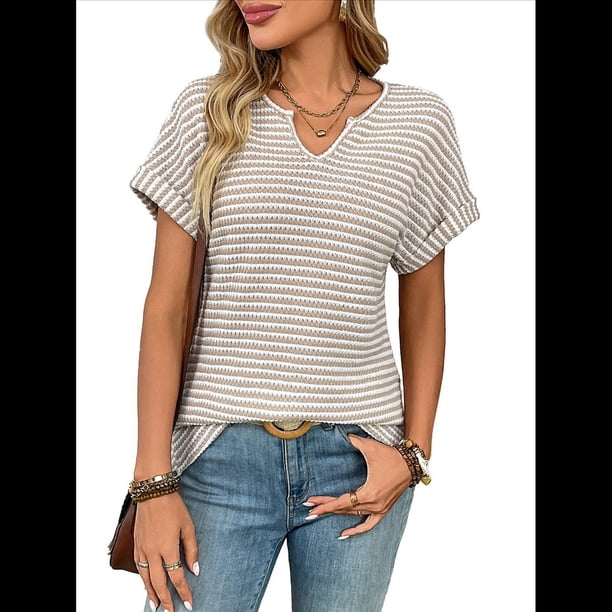 Blusas Elegantes e Informales de Corta para Mujer, Modernas, de Verano, con Cuello en V, Holgadas y A Rayas. Albaricoque XXL