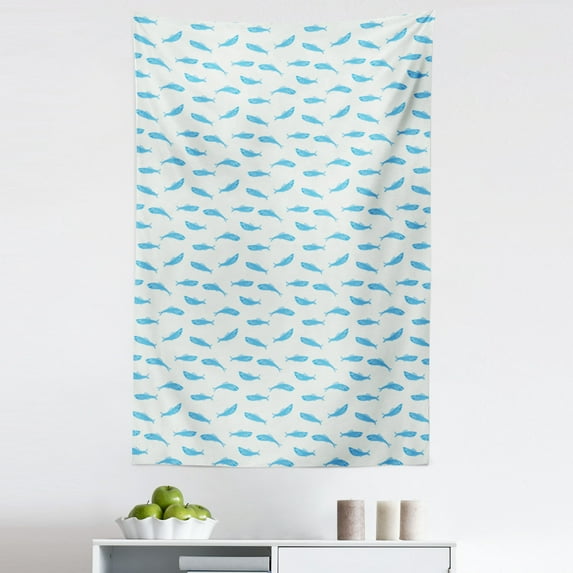 Sea Life Tapestry, Marine Underwater Fish Cartoon Characters on Wavy Striped Backdrop, Fabric Wall Hanging Decor for Bedroom Living Room Dorm, 5 Sizes, Coconut and Deep Sky Blue, by Ambesonne