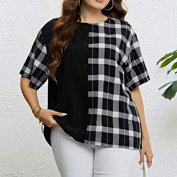 QUNYINEY Summer Shirts for Women Crew Neck Button Down Plaid Short Sleeve Tops Loose Casual Plus Size Shirts