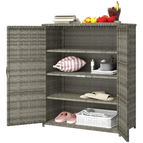 Homiyad Rattan Wicker Outdoor Storage Cabinet with 4 Shelves and 2 Doors for Garden Pool Towel Storage, Mixed Gray