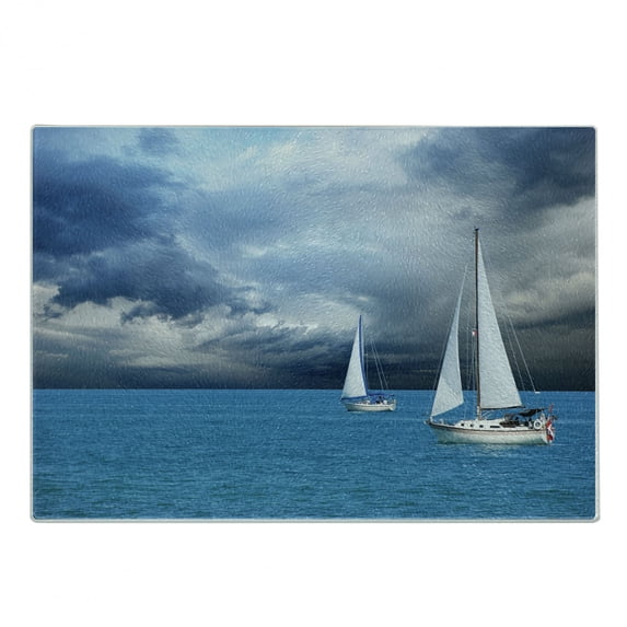 Sailboat Cutting Board, Sailing After a Storm Transportation Colorful Outdoors Hobby Cloudscape, Decorative Tempered Glass Cutting and Serving Board, Small Size, Blue Grey Blue White, by Ambesonne