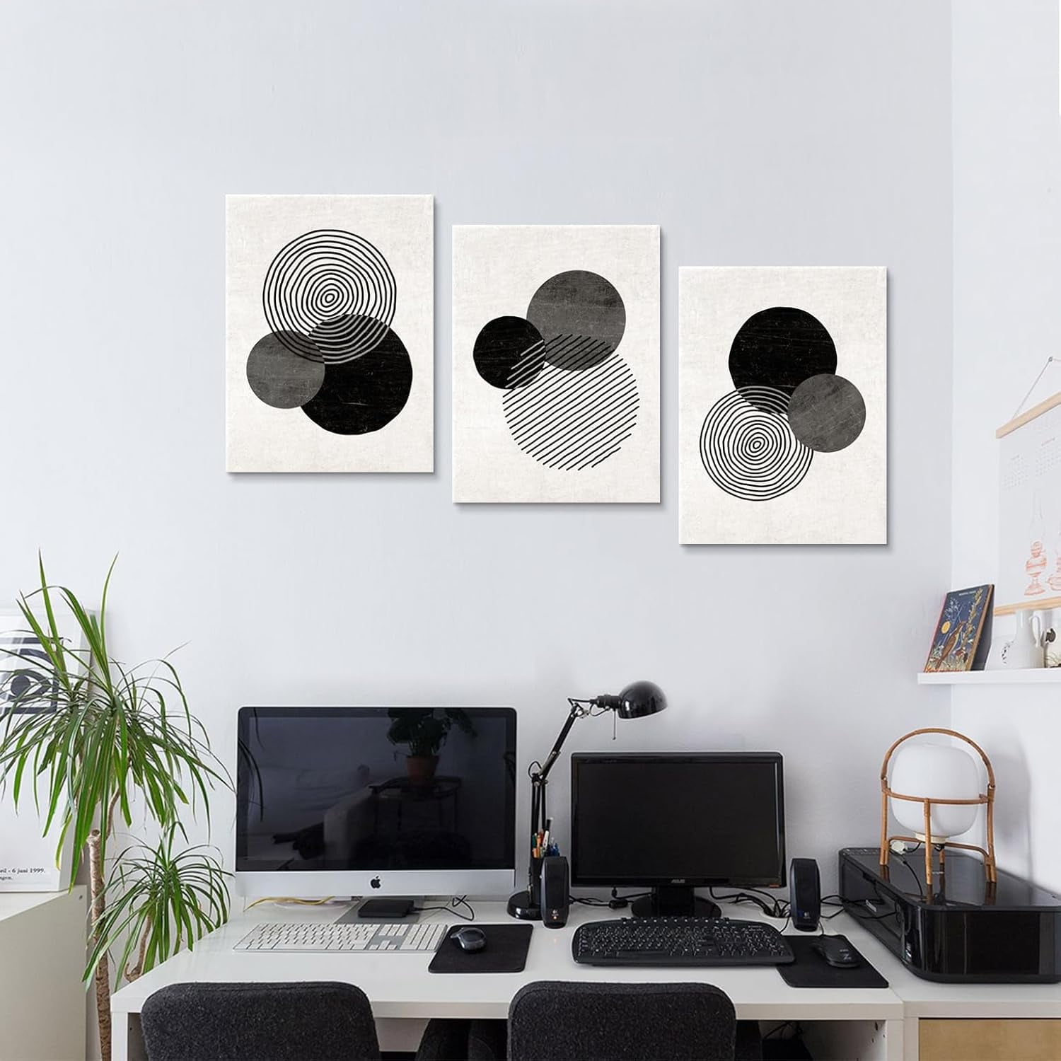 Black and White Wall Art Canvas Set Mid Century Boho Pictures Modern Geometric Lines Rounds Wall Decor Minimalist Bohemian Abstract Painting Artwork for Living Room Bedroom Office 12"x16"x3Pc