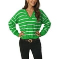 thumbnail image 1 of INSPIRE CHIC Chandail Rayé d'Automne et d'Hiver pour Femmes, Polo à Col en V, Manches Longues, Tricoté, Décontracté, Vert, 1 of 6