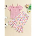 thumbnail image 3 of Aojekbee Kids Girl Summer Outfits Cold Shoulder Short Sleeves Button T-Shirt and Elastic Floral Flare Pants Cute 2 Piece Clothes, 3 of 10