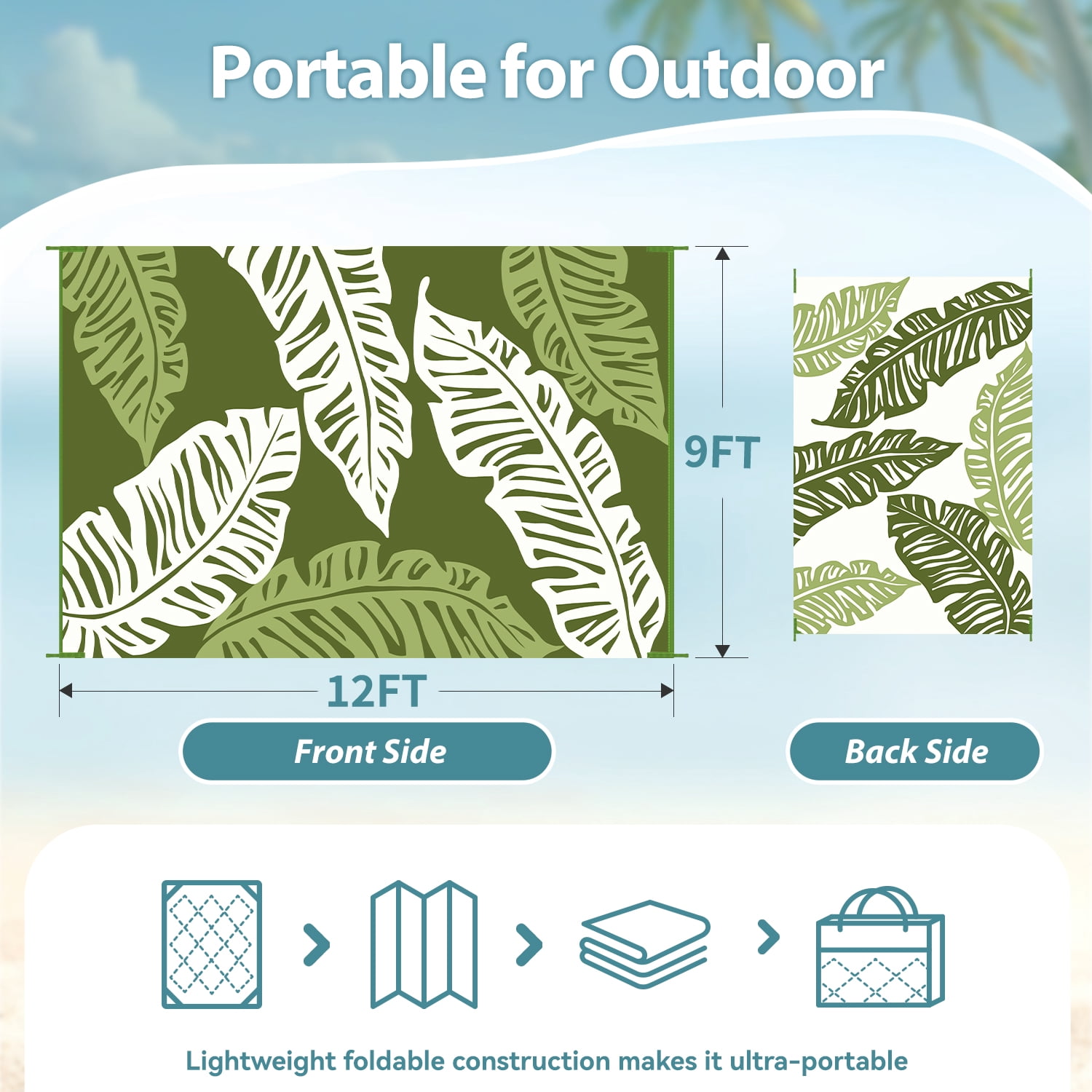 VUNATE Outdoor Rug Carpet 9'x12' Waterproof Reversible Patio Rug Portable Indoor Outdoor Rug Plastic Straw Rug for Beach RV Camping Garden Picnic Deck Backyard Tropical Porch Decor Green