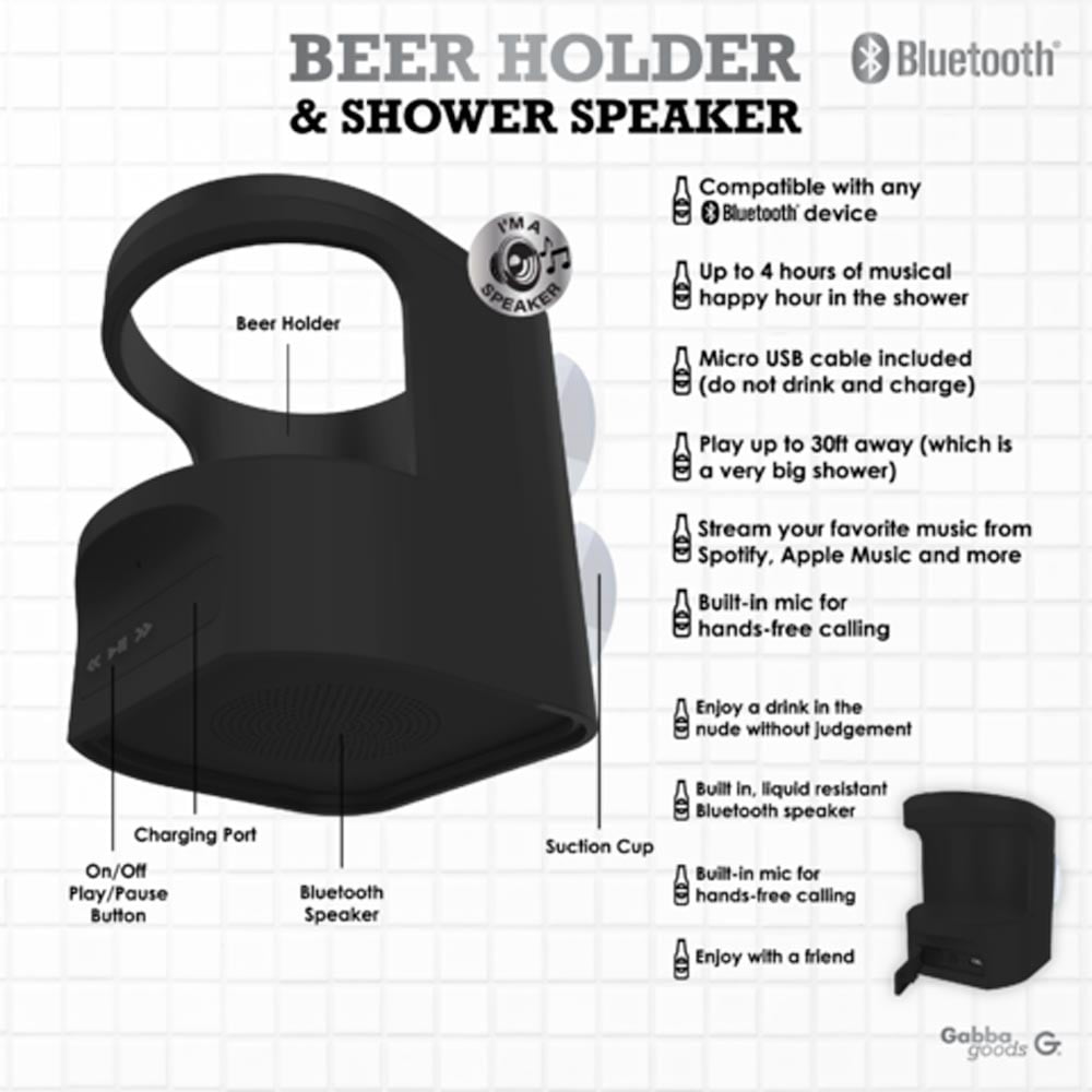 Gabba Goods Shower Bluetooth Speaker with Beer/Soda Can Holder - Built-in  Microphone Handsfree - Waterproof, IPX7, 4 Hours of Playtime, Suction Cup