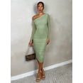 thumbnail image 6 of Brown One Shoulder Ruched Bodycon Midi Dress Long Sleeve, 6 of 30