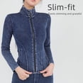 thumbnail image 2 of Chaqueta de yoga con cremallera de mezclilla de primavera y verano para mujer, cuello alto, ajustada, con doble bolsillo, ropa exterior deportiva, top de fitness, 2 of 4