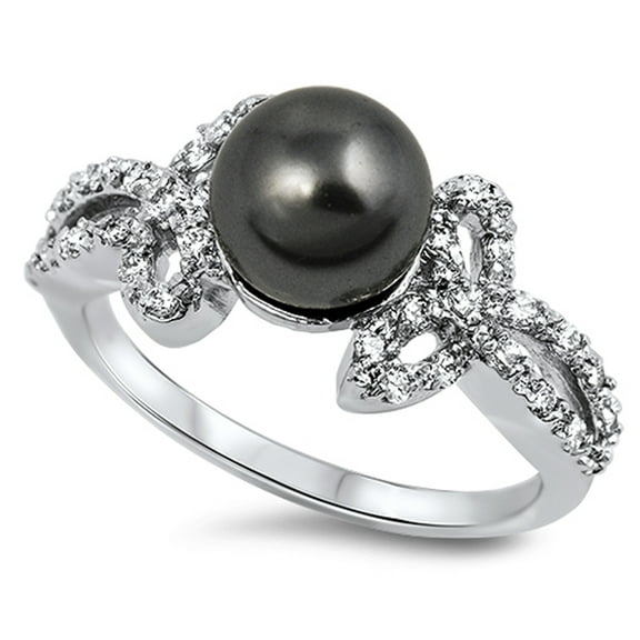 Black Simulated Pearl Clear CZ Ring .925 Sterling Silver Band White Jewelry Female Size 9