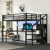 Full Size Loft Bed with L-shaped Desk and USB,Heavy Duty Metal Loft Bed with Wardrobe and Adjustable Shelf,High Loft Bed with LED for Kids Teens Adults, Black