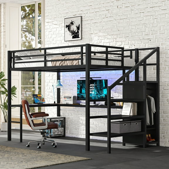 Full Size Loft Bed with L-shaped Desk and USB,Heavy Duty Metal Loft Bed with Wardrobe and Adjustable Shelf,High Loft Bed with LED for Kids Teens Adults, Black