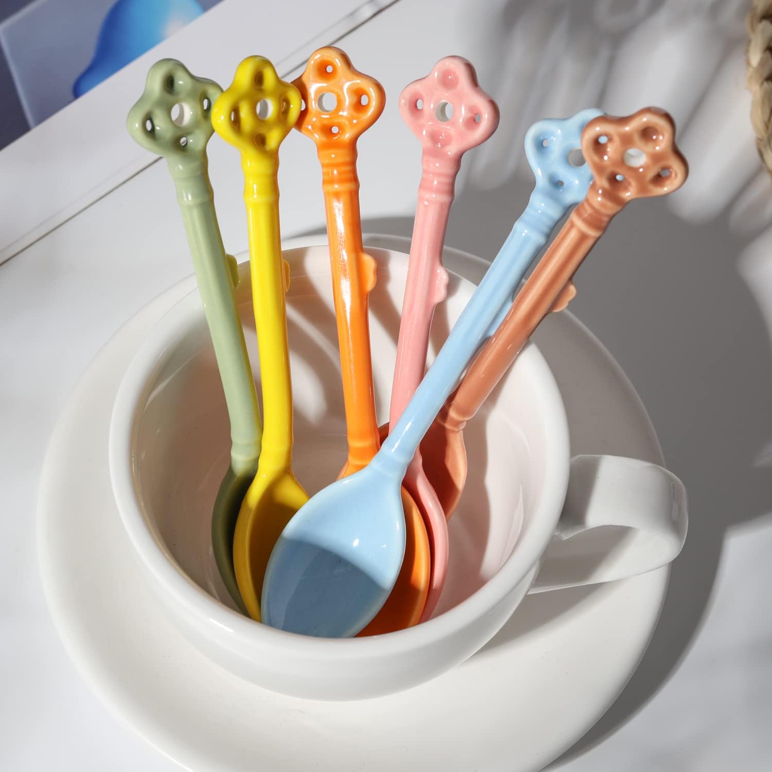 ABCISI Retro Key Shape Coffee Spoons, Vintage Ceramic Espresso Spoons Set of 6, Small Coffee Stirring Spoon for Coffee, Dessert, Tea and Ice Cream, Multicolored