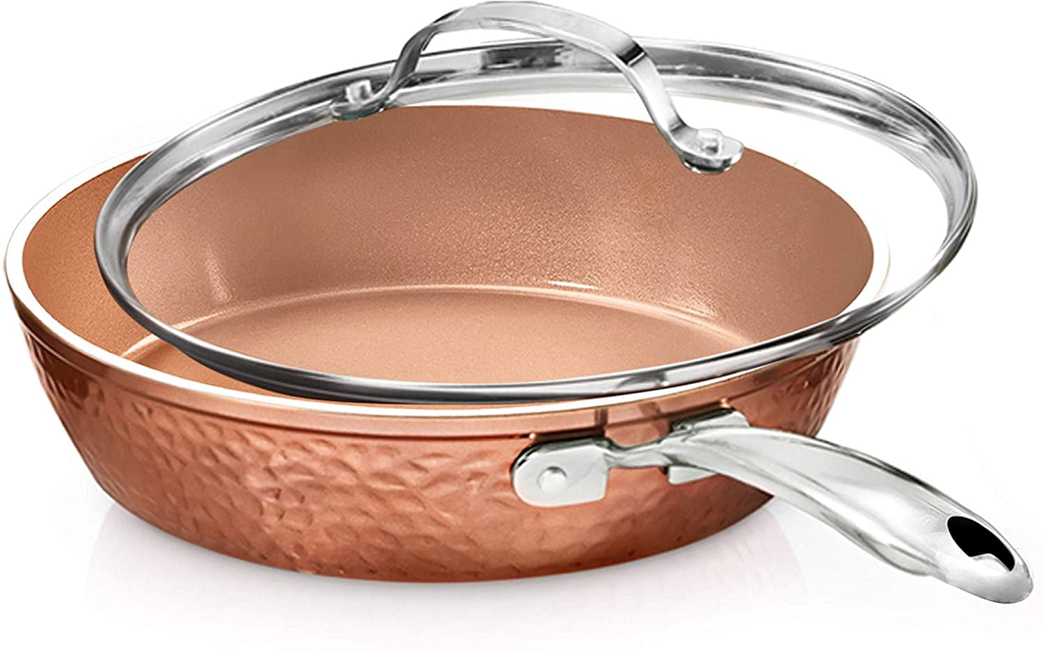 Gotham Steel Hammered Nonstick Frying Pan 9.5" inch Skillet With Glass Lid Cooking Pan Oven Safe Induction Copper
