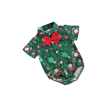 

Bagilaanoe Newborn Baby Boy Girl Christmas Rompers Shirts Print Short Sleeve Bodysuits with bow 6M 12M 18M 24M Infant One Piece Short Jumpsuit