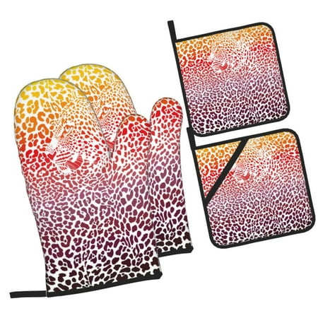 

Fotbe Leopard Skins And Heads for 4Pcs Oven Mitts and Pot Holders 500℉ Heat Resistant Oven Mitts Non-Slip Silicone Surface Safe for Baking Cooking BBQ