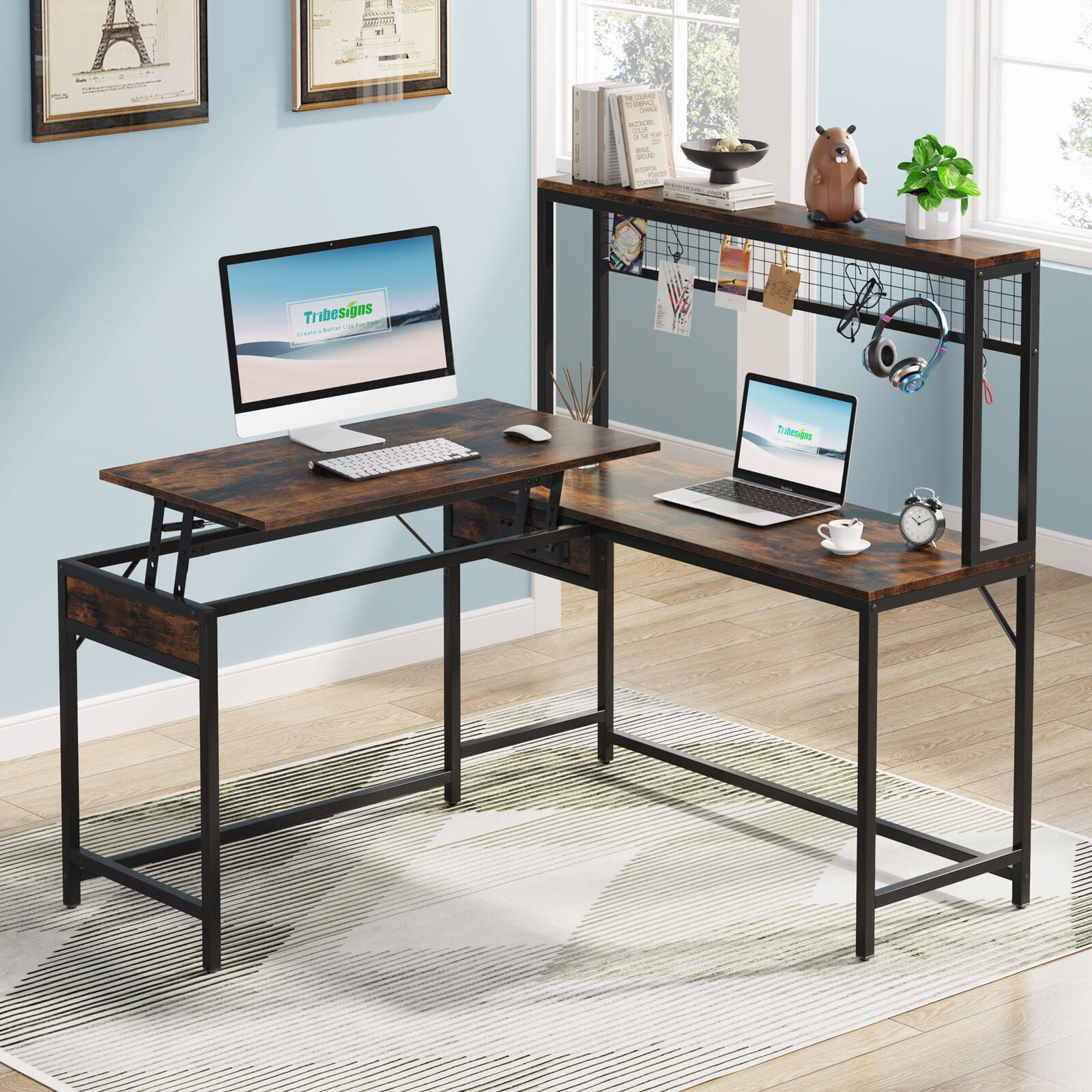 Tribesigns 55 Inch Lift Top L Shaped Desk with Hutch, Corner Height
