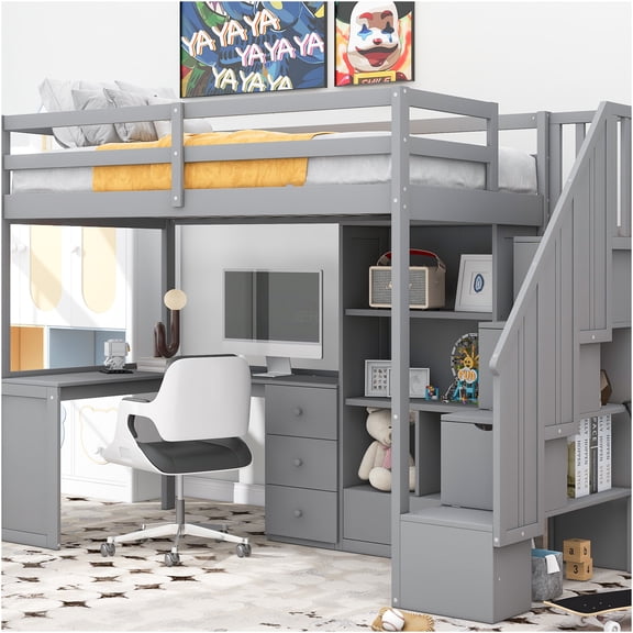 JERFIT Twin Loft Bed with L-shaped Desk, Drawers, Cabinet, Stairs, Gray