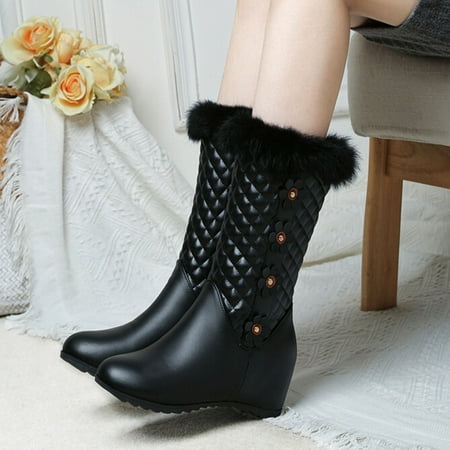 

Ovzne Womens Winter Boots Rain Boots For Women Women Warm Solid Knee High Boots Round Toe Booties High Heel Boots Shoes Clearance